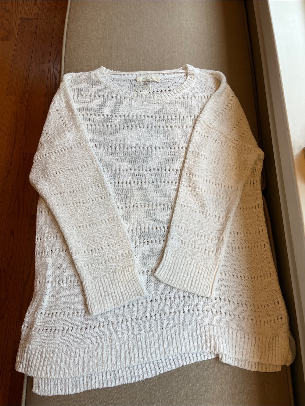 White Textured Sweater - Lightweight Open Weave Long Sleeve XL